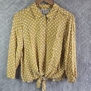 Grand & Greene Mustard Yellow Polka Dot Tie-Front Blouse S Retro French Girl Top